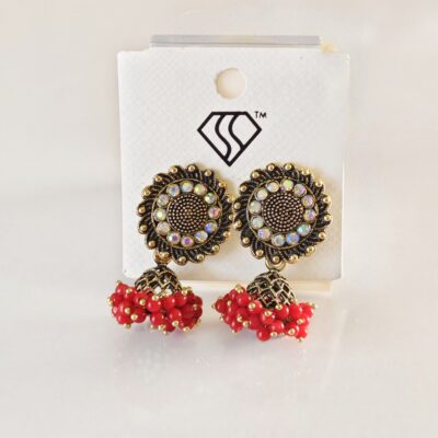 Rudhra Antique Red Beaded Jhumka Earrings
