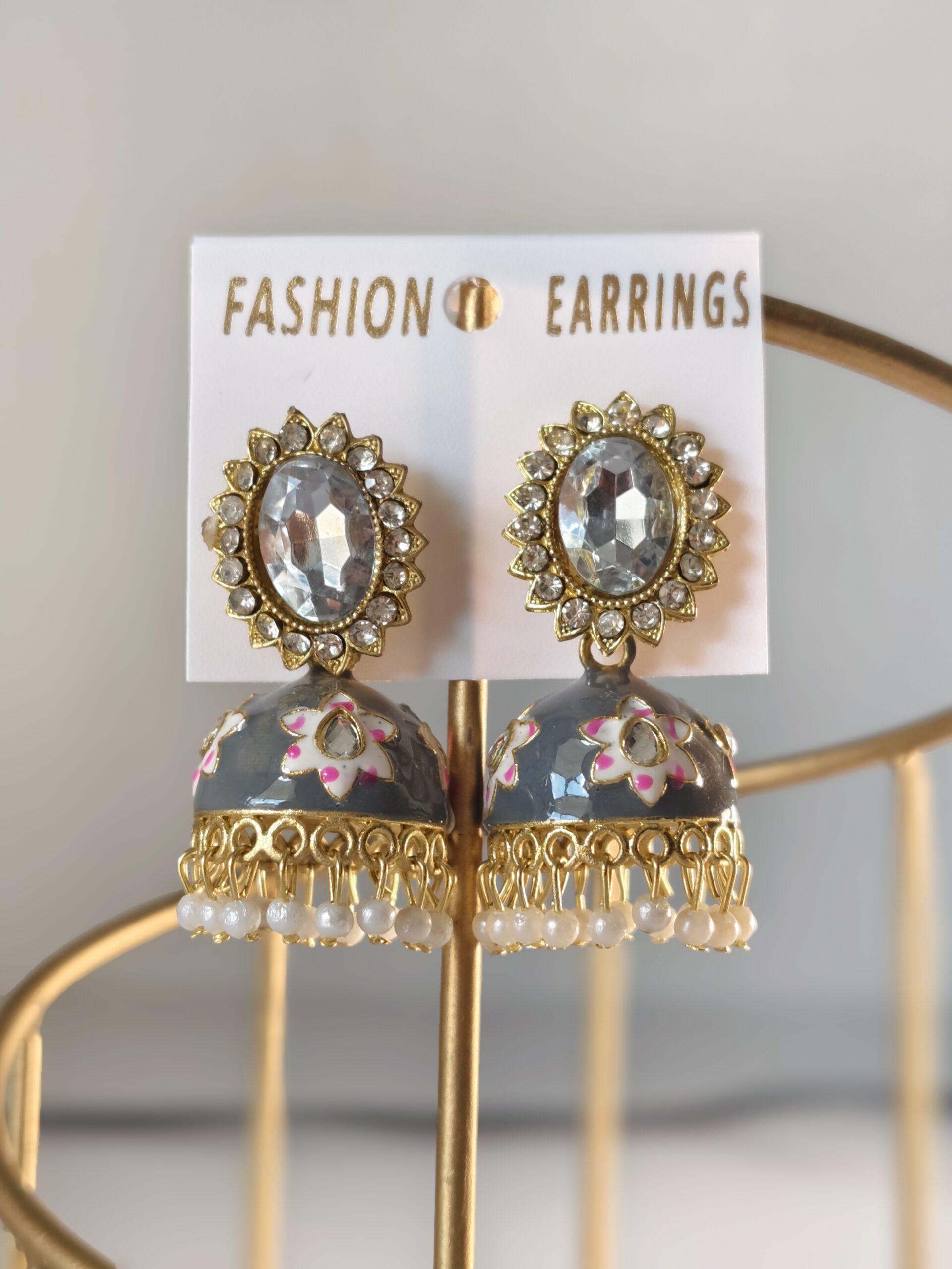 Stone Enamel Jhumka Earrings - Image 3